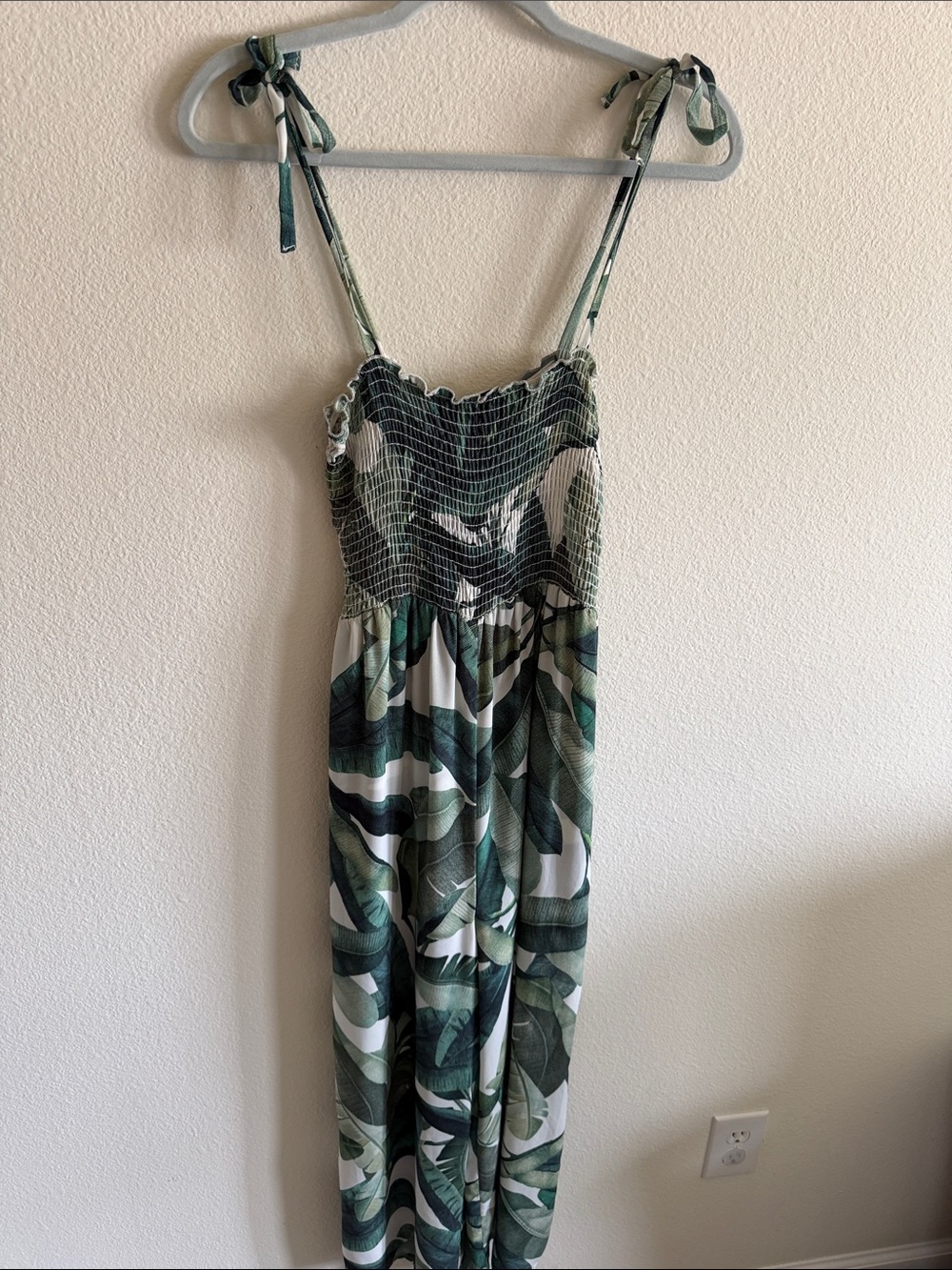Show Me Your MuMu Green Leaf-Print Smocked Jumpsuit with Tie Straps